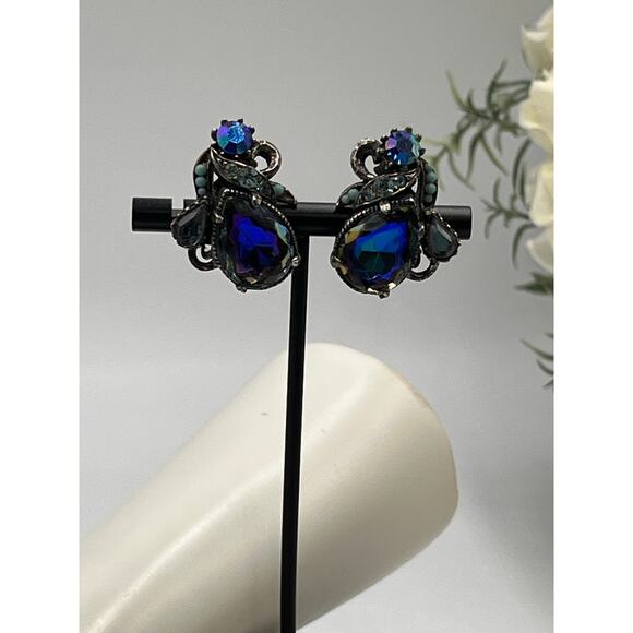 Florenza‎ Signed Vintage Blue Purple Iridescent Glass Bracelet earring Set - Picture 6 of 11